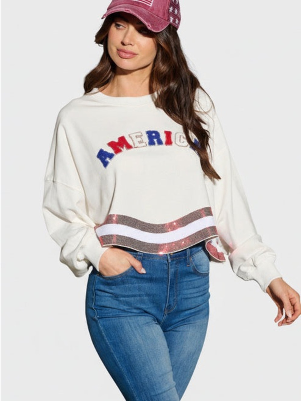 THE AMERICANA CREW LONG SLEEVE SEQUIN CROP PULLOVER SWEATER
White - Picture 6 of 10